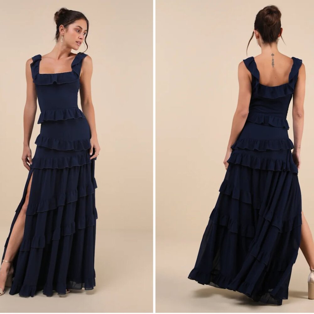 Lulus Romantic Dark Blue Ruffled Tiered Maxi Dress - Size M